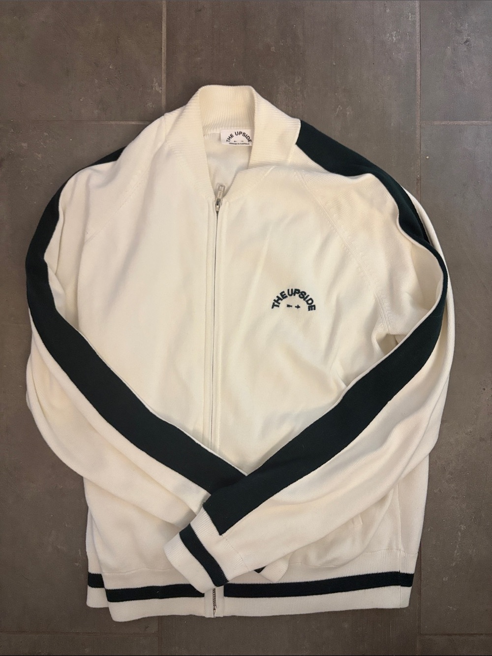 The Upside Cream Zip-Up Sweater with Green Stripes